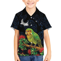 New Zealand Kakapo Matariki Personalised Family Matching Tank Maxi Dress and Hawaiian Shirt Pohutukawa Flower Galaxy Maori Pattern LT22 Son's Shirt Black - Polynesian Pride