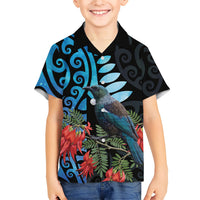 Tui Bird Kakabeak New Zealand Family Matching Mermaid Dress and Hawaiian Shirt Clianthus Galaxy Maori Koru Pattern LT22 Son's Shirt Blue - Polynesian Pride