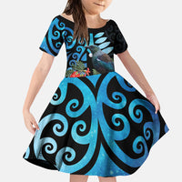 Tui Bird Kakabeak New Zealand Family Matching Off The Shoulder Long Sleeve Dress and Hawaiian Shirt Clianthus Galaxy Maori Koru Pattern LT22 Daughter's Dress Blue - Polynesian Pride