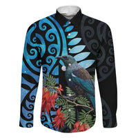Tui Bird Kakabeak New Zealand Family Matching Off The Shoulder Long Sleeve Dress and Hawaiian Shirt Clianthus Galaxy Maori Koru Pattern LT22 Dad's Shirt - Long Sleeve Blue - Polynesian Pride