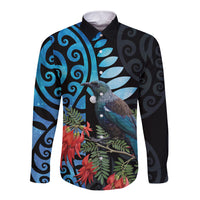 Tui Bird Kakabeak New Zealand Long Sleeve Button Shirt Clianthus Galaxy Maori Koru Pattern LT22 Unisex Blue - Polynesian Pride