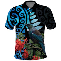 Tui Bird Kakabeak New Zealand Polo Shirt Clianthus Galaxy Maori Koru Pattern LT22 Blue - Polynesian Pride