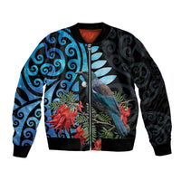 Tui Bird Kakabeak New Zealand Sleeve Zip Bomber Jacket Clianthus Galaxy Maori Koru Pattern LT22 Unisex Blue - Polynesian Pride