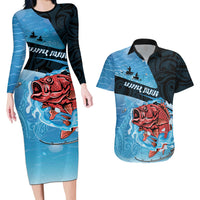 Personalised Snapper Fishing New Zealand Couples Matching Long Sleeve Bodycon Dress and Hawaiian Shirt Tamure Fish Hook Maori Pattern