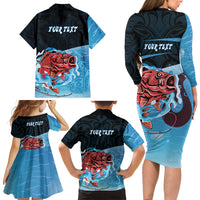 Personalised Snapper Fishing New Zealand Family Matching Long Sleeve Bodycon Dress and Hawaiian Shirt Tamure Fish Hook Maori Pattern
