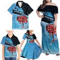 Personalised Snapper Fishing New Zealand Family Matching Off Shoulder Maxi Dress and Hawaiian Shirt Tamure Fish Hook Maori Pattern