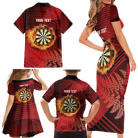 Personalised Darts New Zealand Family Matching Short Sleeve Bodycon Dress and Hawaiian Shirt Silver Fern Red Color