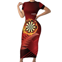 Personalised Darts New Zealand Family Matching Short Sleeve Bodycon Dress and Hawaiian Shirt Silver Fern Red Color