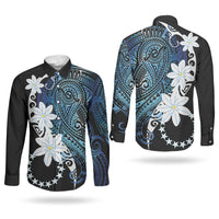 Cook Islands Maori Language Week Couples Matching Off Shoulder Short Dress and Long Sleeve Button Shirt Tiare Maori Kuki Airani Blue Pattern