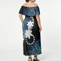 Cook Islands Maori Language Week Off Shoulder Maxi Dress Tiare Maori Kuki Airani Blue Pattern LT22 - Polynesian Pride