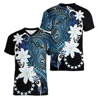 Cook Islands Maori Language Week Women V-Neck T-Shirt Tiare Maori Kuki Airani Blue Pattern LT22 - Polynesian Pride