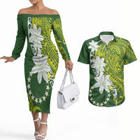 Cook Islands Maori Language Week Couples Matching Off The Shoulder Long Sleeve Dress and Hawaiian Shirt Tiare Maori Kuki Airani Green Pattern