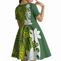 Cook Islands Maori Language Week Kid Short Sleeve Dress Tiare Maori Kuki Airani Green Pattern