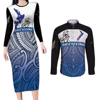 Personalised Cycling New Zealand Couples Matching Long Sleeve Bodycon Dress and Long Sleeve Button Shirt Aotearoa Map Fern Maori Pattern