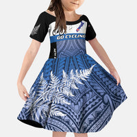 Personalised Cycling New Zealand Family Matching Off Shoulder Maxi Dress and Hawaiian Shirt Aotearoa Map Fern Maori Pattern LT22 Daughter's Dress Blue - Polynesian Pride