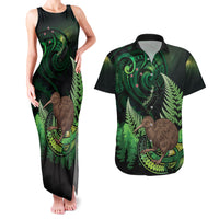 Kiwi New Zealand Personalised Couples Matching Tank Maxi Dress and Hawaiian Shirt Aotearoa Map Silver Fern Koru Pattern