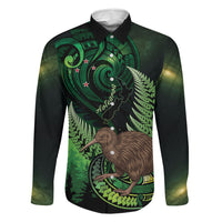 Kiwi New Zealand Personalised Family Matching Puletasi and Hawaiian Shirt Aotearoa Map Silver Fern Koru Pattern LT22 Dad's Shirt - Long Sleeve Green - Polynesian Pride
