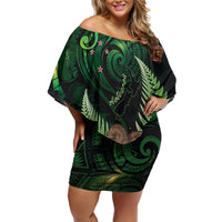 Kiwi New Zealand Personalised Off Shoulder Short Dress Aotearoa Map Silver Fern Koru Pattern LT22 Women Green - Polynesian Pride