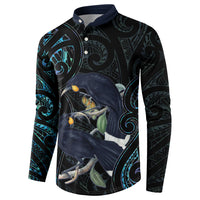 New Zealand Huia Bird Button Sweatshirt Paua Shell Maori Pattern