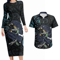 New Zealand Huia Bird Couples Matching Long Sleeve Bodycon Dress and Hawaiian Shirt Paua Shell Maori Pattern LT22 Black - Polynesian Pride