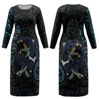 New Zealand Huia Bird Couples Matching Long Sleeve Bodycon Dress and Hawaiian Shirt Paua Shell Maori Pattern LT22 - Polynesian Pride