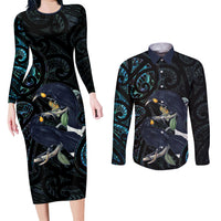 New Zealand Huia Bird Couples Matching Long Sleeve Bodycon Dress and Long Sleeve Button Shirt Paua Shell Maori Pattern