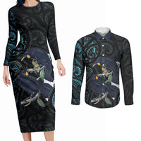 New Zealand Huia Bird Couples Matching Long Sleeve Bodycon Dress and Long Sleeve Button Shirt Paua Shell Maori Pattern LT22 Black - Polynesian Pride