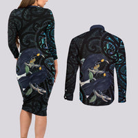 New Zealand Huia Bird Couples Matching Long Sleeve Bodycon Dress and Long Sleeve Button Shirt Paua Shell Maori Pattern