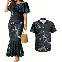 New Zealand Huia Bird Couples Matching Mermaid Dress and Hawaiian Shirt Paua Shell Maori Pattern LT22 Black - Polynesian Pride