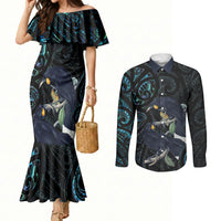 New Zealand Huia Bird Couples Matching Mermaid Dress and Long Sleeve Button Shirt Paua Shell Maori Pattern LT22 Black - Polynesian Pride