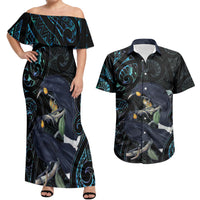 New Zealand Huia Bird Couples Matching Off Shoulder Maxi Dress and Hawaiian Shirt Paua Shell Maori Pattern LT22 Black - Polynesian Pride