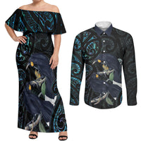New Zealand Huia Bird Couples Matching Off Shoulder Maxi Dress and Long Sleeve Button Shirt Paua Shell Maori Pattern LT22 Black - Polynesian Pride