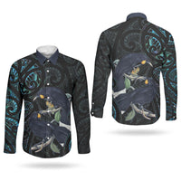 New Zealand Huia Bird Couples Matching Off Shoulder Maxi Dress and Long Sleeve Button Shirt Paua Shell Maori Pattern LT22 - Polynesian Pride