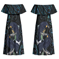 New Zealand Huia Bird Couples Matching Off Shoulder Maxi Dress and Long Sleeve Button Shirt Paua Shell Maori Pattern LT22 - Polynesian Pride