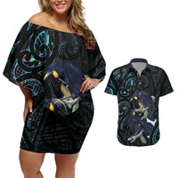 New Zealand Huia Bird Couples Matching Off Shoulder Short Dress and Hawaiian Shirt Paua Shell Maori Pattern