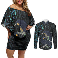 New Zealand Huia Bird Couples Matching Off Shoulder Short Dress and Long Sleeve Button Shirt Paua Shell Maori Pattern LT22 Black - Polynesian Pride