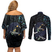 New Zealand Huia Bird Couples Matching Off Shoulder Short Dress and Long Sleeve Button Shirt Paua Shell Maori Pattern