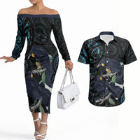 New Zealand Huia Bird Couples Matching Off The Shoulder Long Sleeve Dress and Hawaiian Shirt Paua Shell Maori Pattern LT22 Black - Polynesian Pride