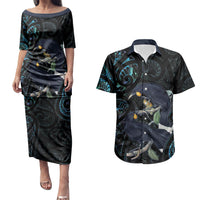 New Zealand Huia Bird Couples Matching Puletasi and Hawaiian Shirt Paua Shell Maori Pattern LT22 Black - Polynesian Pride