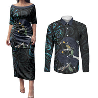 New Zealand Huia Bird Couples Matching Puletasi and Long Sleeve Button Shirt Paua Shell Maori Pattern LT22 Black - Polynesian Pride
