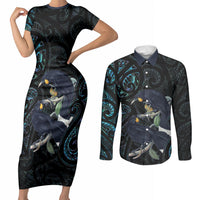 New Zealand Huia Bird Couples Matching Short Sleeve Bodycon Dress and Long Sleeve Button Shirt Paua Shell Maori Pattern LT22 Black - Polynesian Pride