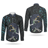 New Zealand Huia Bird Couples Matching Short Sleeve Bodycon Dress and Long Sleeve Button Shirt Paua Shell Maori Pattern LT22 - Polynesian Pride