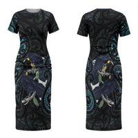 New Zealand Huia Bird Couples Matching Short Sleeve Bodycon Dress and Long Sleeve Button Shirt Paua Shell Maori Pattern LT22 - Polynesian Pride