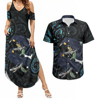 New Zealand Huia Bird Couples Matching Summer Maxi Dress and Hawaiian Shirt Paua Shell Maori Pattern LT22 Black - Polynesian Pride