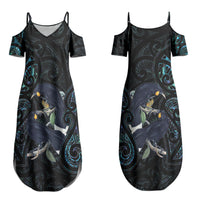 New Zealand Huia Bird Couples Matching Summer Maxi Dress and Hawaiian Shirt Paua Shell Maori Pattern LT22 - Polynesian Pride