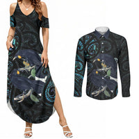 New Zealand Huia Bird Couples Matching Summer Maxi Dress and Long Sleeve Button Shirt Paua Shell Maori Pattern LT22 Black - Polynesian Pride