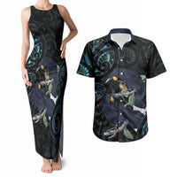 New Zealand Huia Bird Couples Matching Tank Maxi Dress and Hawaiian Shirt Paua Shell Maori Pattern LT22 Black - Polynesian Pride