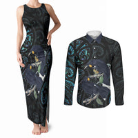 New Zealand Huia Bird Couples Matching Tank Maxi Dress and Long Sleeve Button Shirt Paua Shell Maori Pattern LT22 Black - Polynesian Pride