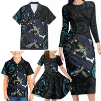 New Zealand Huia Bird Family Matching Long Sleeve Bodycon Dress and Hawaiian Shirt Paua Shell Maori Pattern LT22 - Polynesian Pride