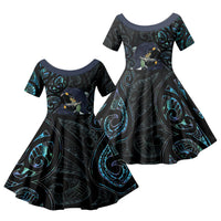 New Zealand Huia Bird Family Matching Long Sleeve Bodycon Dress and Hawaiian Shirt Paua Shell Maori Pattern LT22 Daughter's Dress Black - Polynesian Pride
